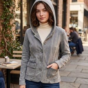 KEYSHA Made In Italy Mineral Wash Hooded Jacket Grey Lagenlook Utility Cotton